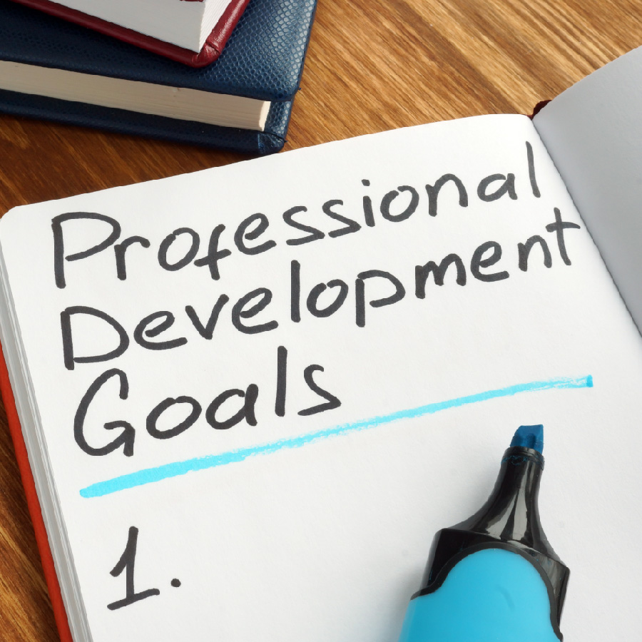 open notebook with the words "Professional Development Goals" written across the top. A blue highlighter lays across the page.