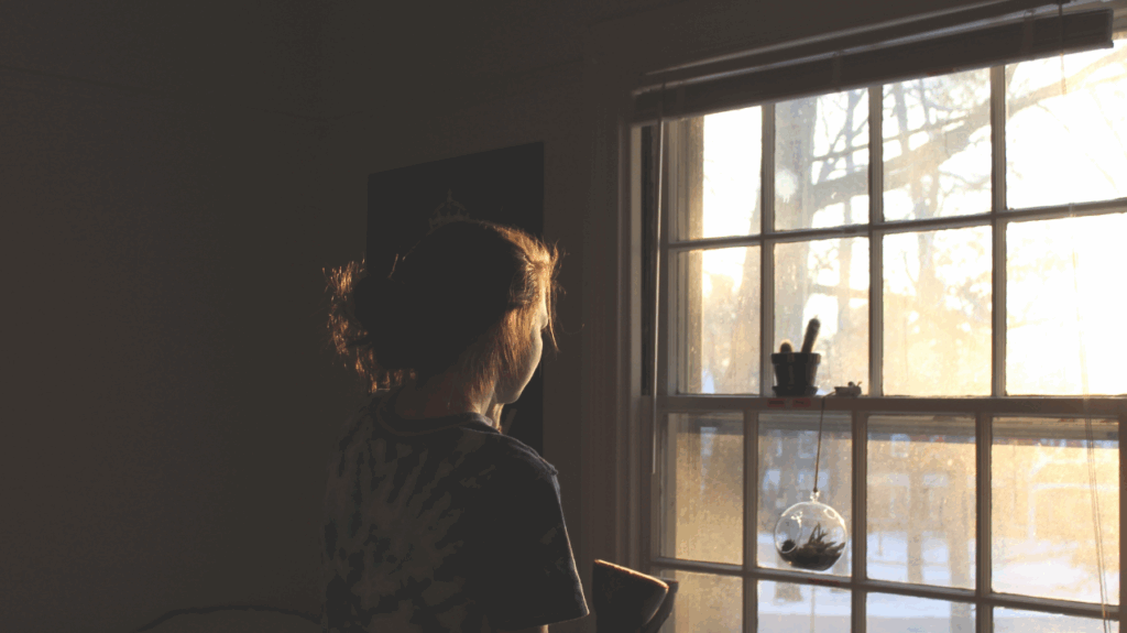 silouette of a person looking out a window with a tree and sun reflecting