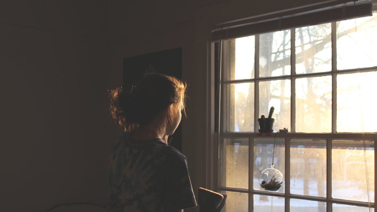 silouette of a person looking out a window with a tree and sun reflecting