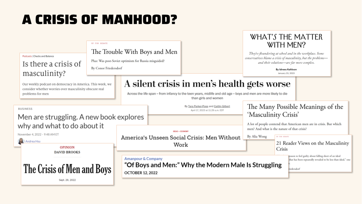 screenshots of recent headlines such as, A silent crisis in men's health gets worse